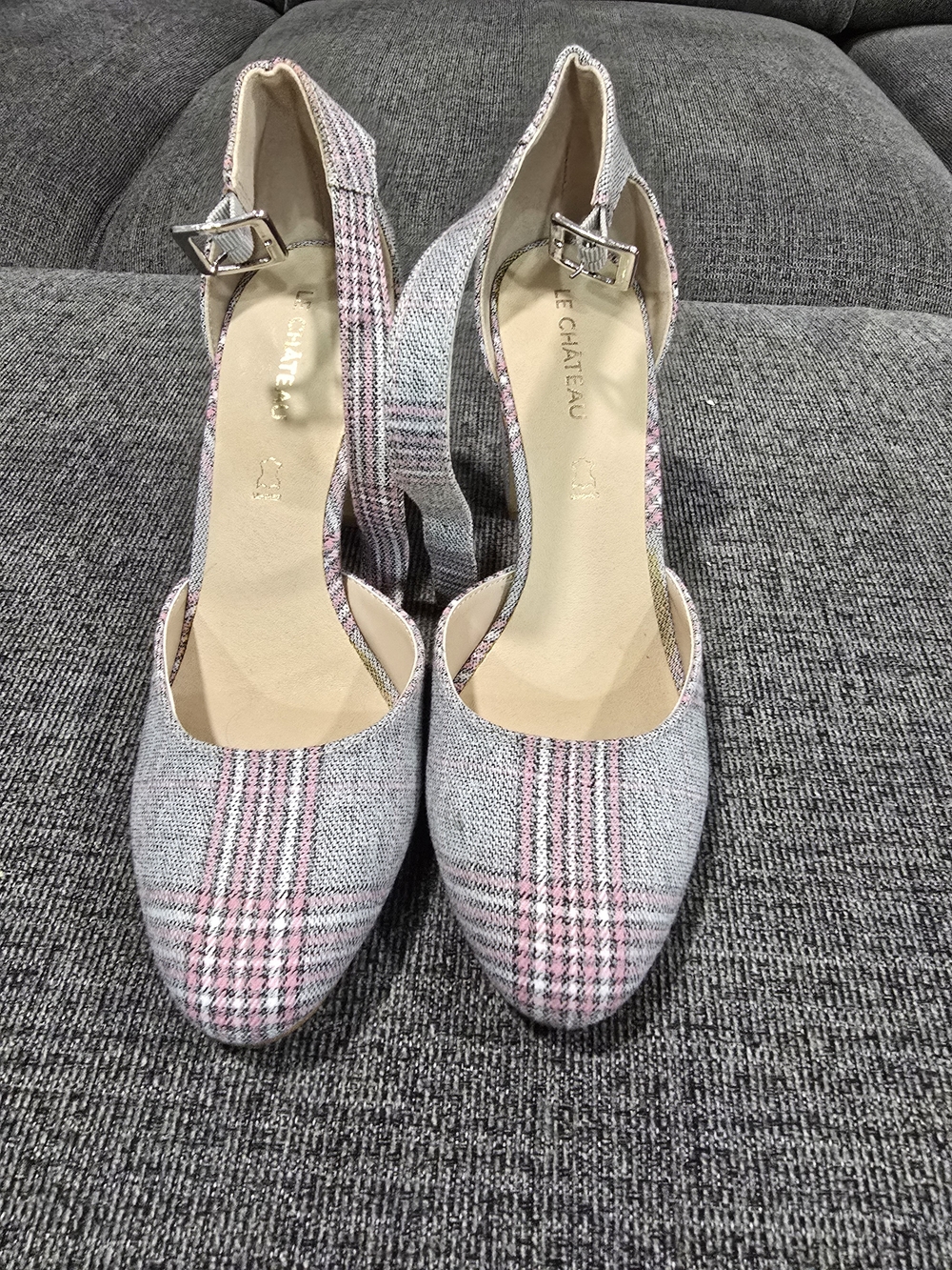 le chateau Pink and Gray Plaid D'Orsay Heels with Ankle Strap
